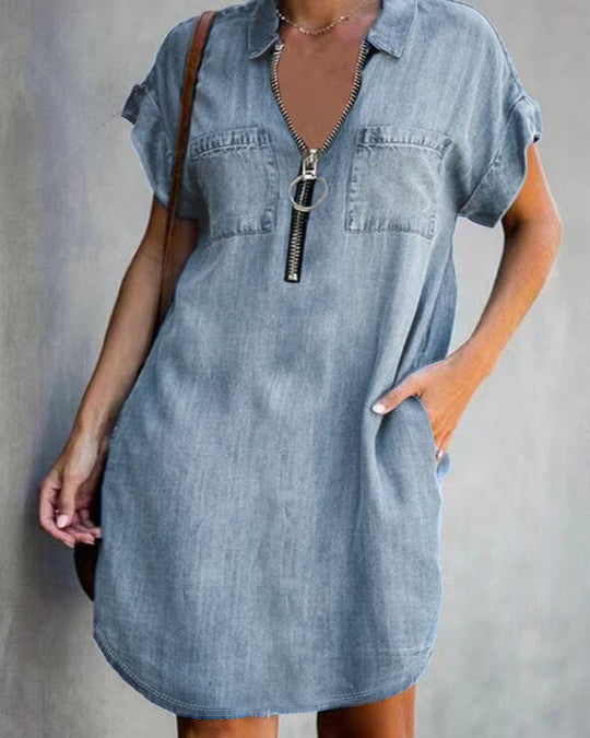 Damen Chambray Kleid mit Reißverschluss und praktischen Taschen R&B