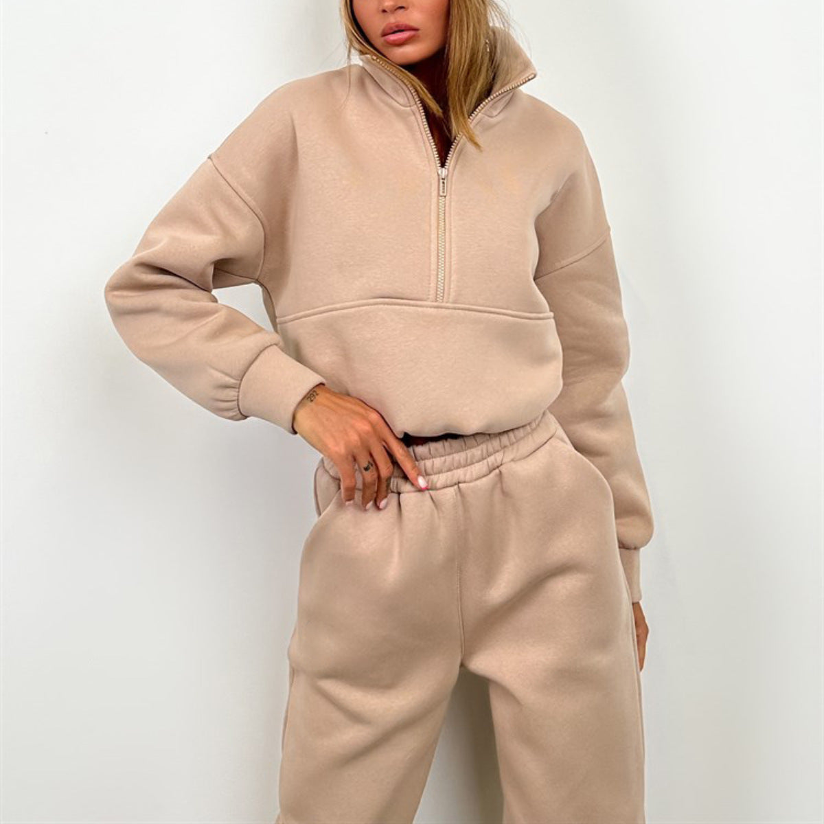 Damen sportliches Fleece-Set mit hohem Kragen und elastischem Bund R&B