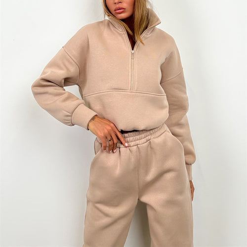 Damen sportliches Fleece-Set mit hohem Kragen und elastischem Bund R&B