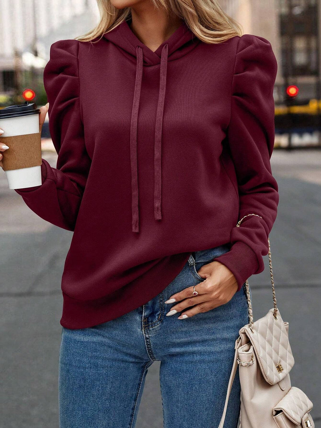 Damen lässiger Kapuzenpullover mit Puffärmeln R&B