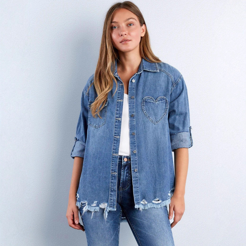 Damen Denim-Bluse mit Herz-Applikation und fransigem Saum R&B