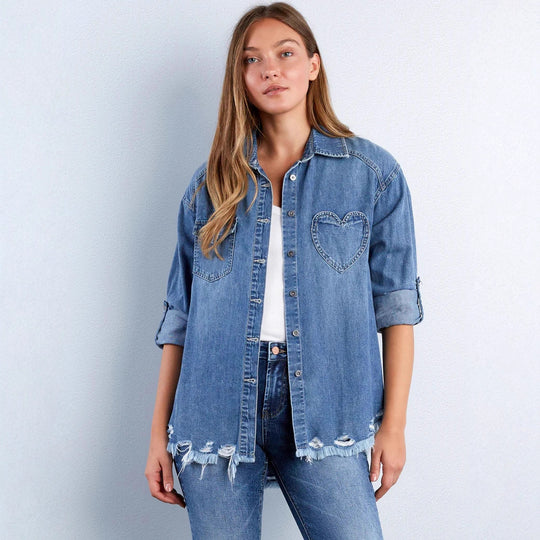 Damen Denim-Bluse mit Herz-Applikation und fransigem Saum R&B