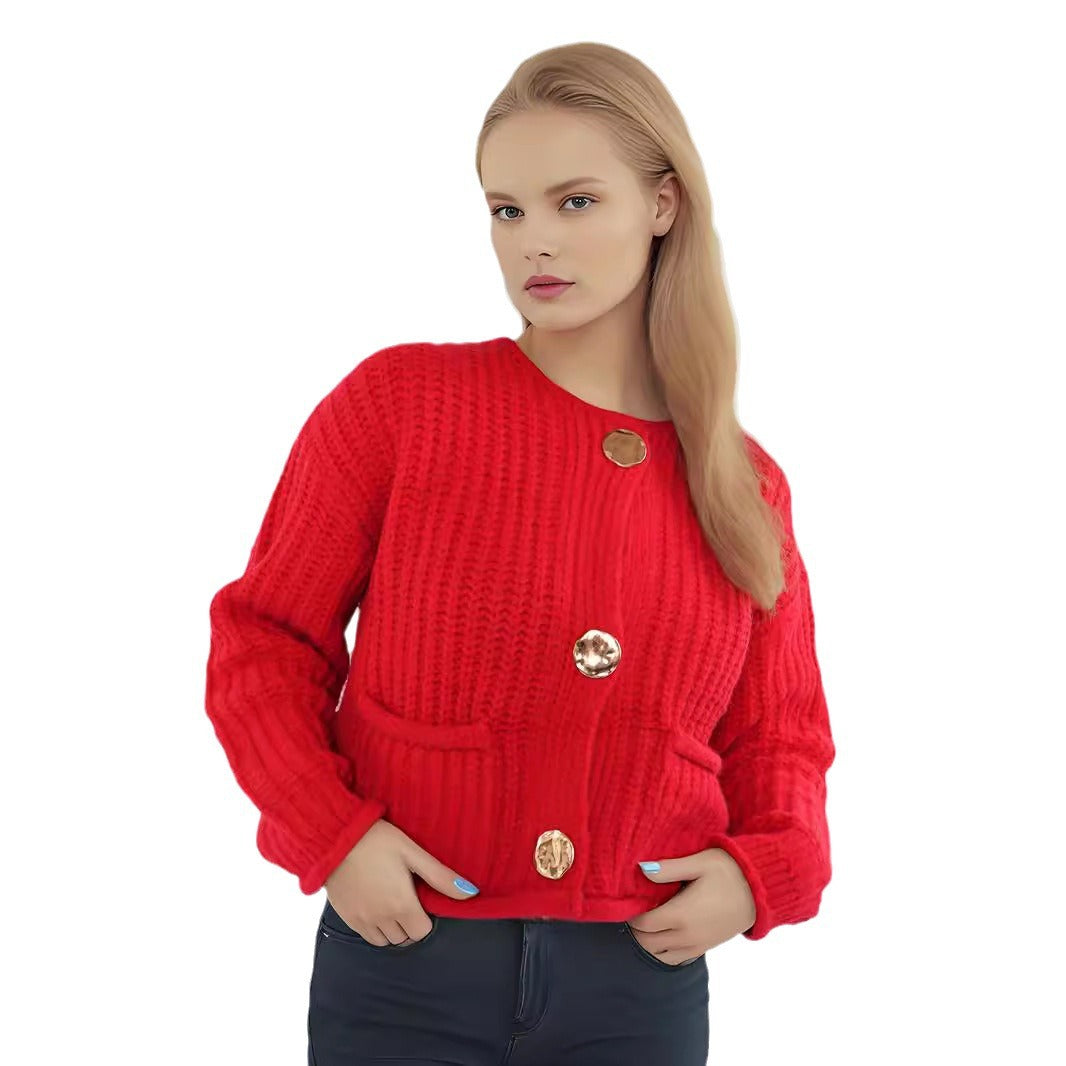 Damen Strickjacke mit kreativen Knopfdetails und seitlichen Taschen R&B