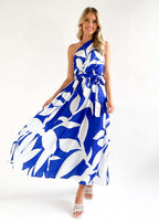 Damen Maxikleid mit asymmetrischem Ausschnitt und elegantem Bindegürtel R&B