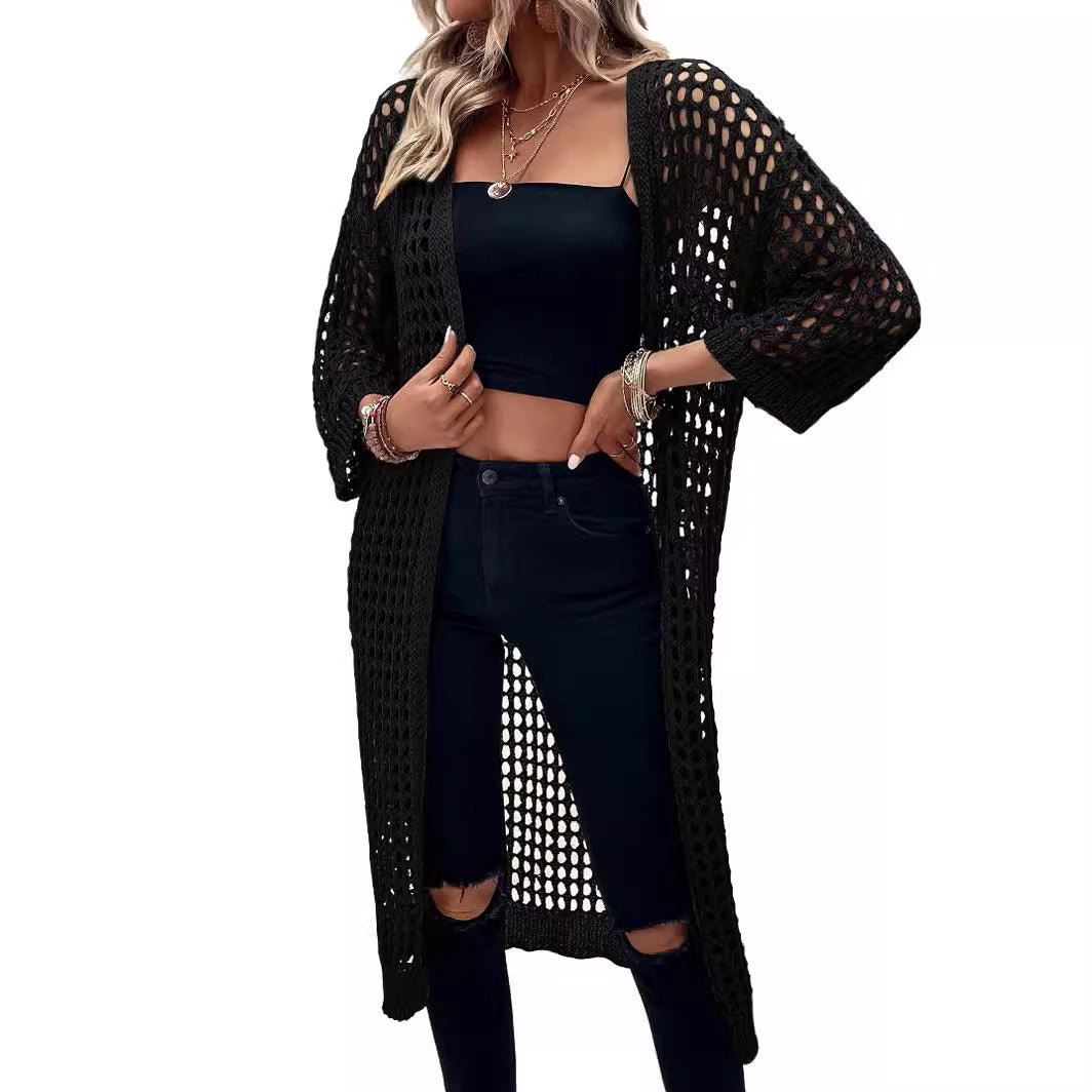 Damen Luftige Häkeljacke mit offenem Design und weiten Ärmeln R&B