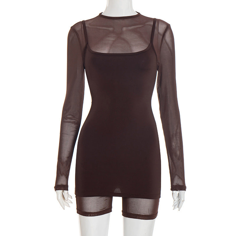 Damen Körperbetontes Longsleeve-Overall mit transparenten Ärmeln und figurformendem Schnitt R&B