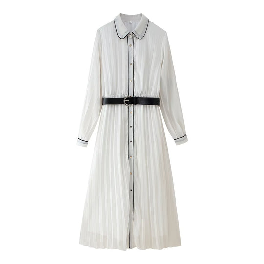 Damen elegantes plissiertes Maxikleid mit feinem Kragen und Gürtel R&B