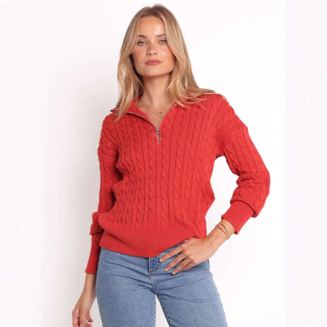 Damen Strickpullover mit elegantem Kabelmuster und modischem Stehkragen R&B