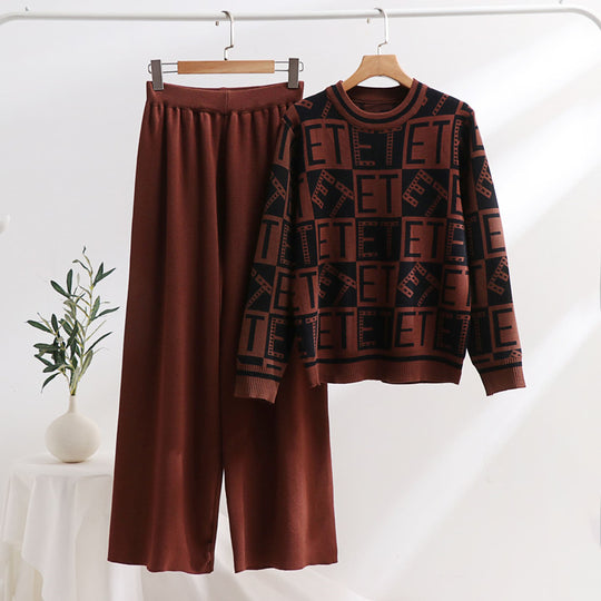 Damen lässiges Strick-Loungewear-Set mit grafischem Muster und weitem Schnitt R&B