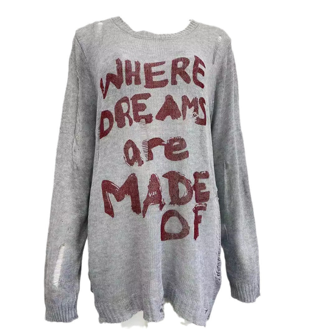 Damen lässiger Oversized Pullover mit auffälligem Schriftzug und Strick-Details R&B