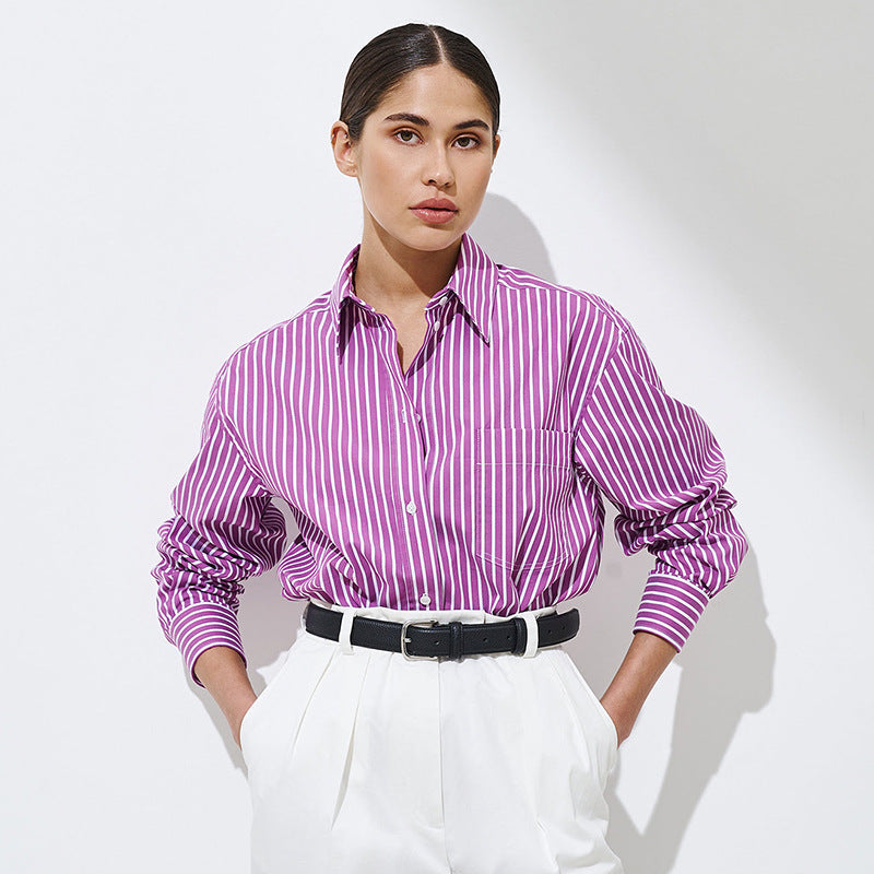 Damen Elegante, gestreifte Bluse mit klassischem Kragen und Taschen R&B