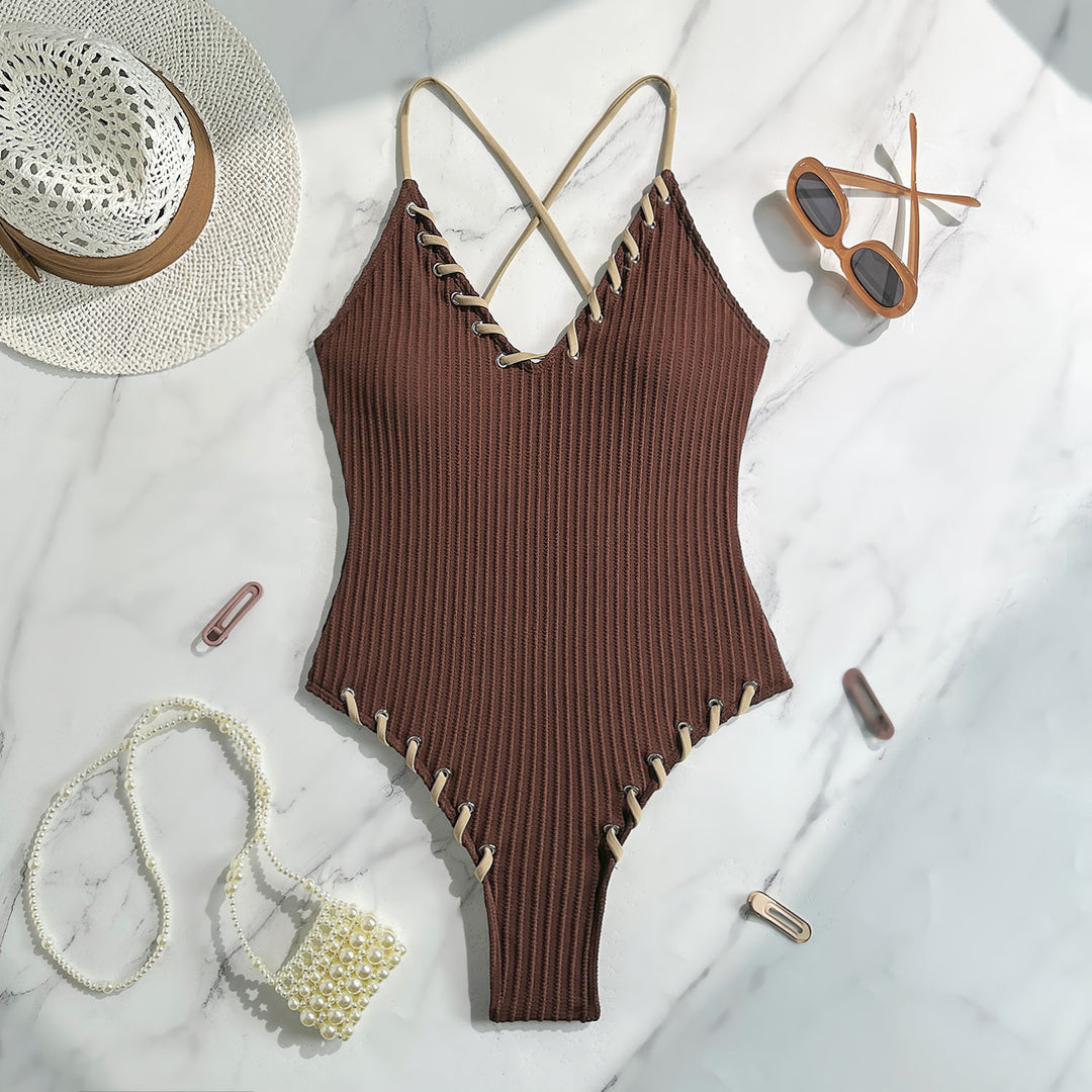Damen Eleganter Strick-Badeanzug mit Schnürdetails R&B