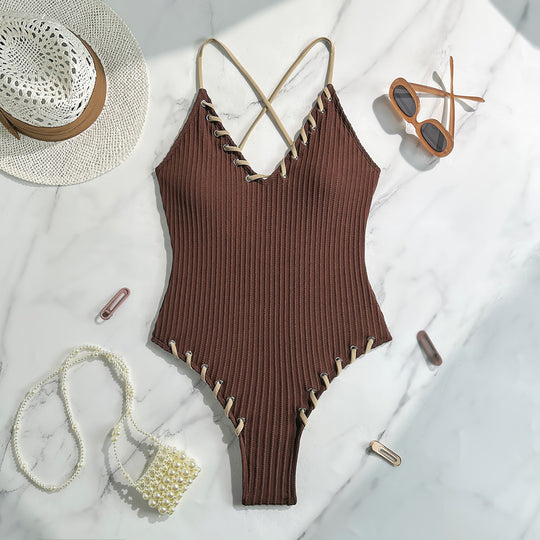 Damen Eleganter Strick-Badeanzug mit Schnürdetails R&B
