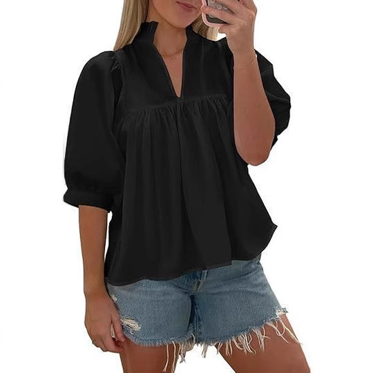 Damen elegante kurzärmlige Bluse mit Rüschendetails und lässigem Schnitt R&B