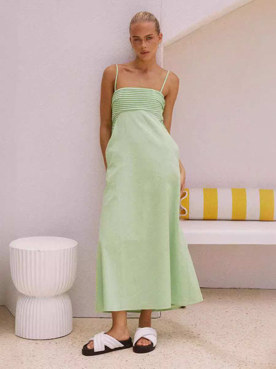 Damen sommerliches Maxikleid mit Raffungen und Spaghettiträgern R&B
