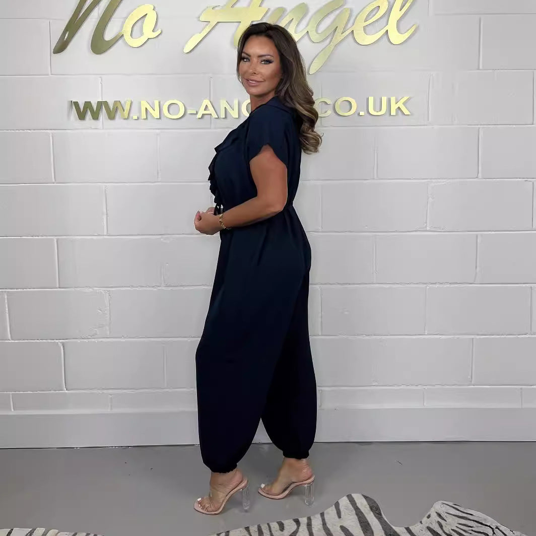 Damen Jumpsuit mit Rüschendetails und Bindegürtel R&B