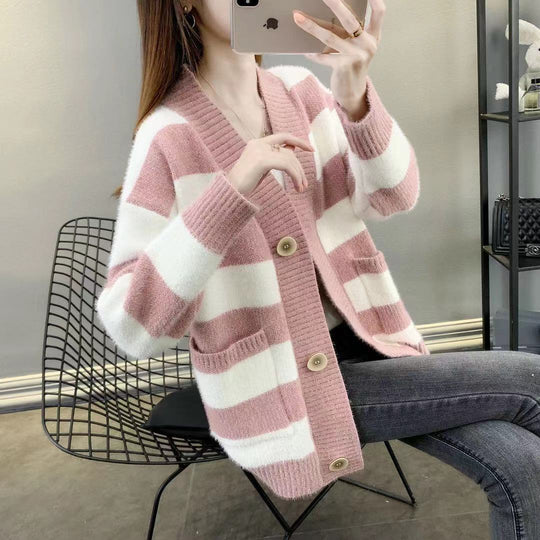 Damen Grobstrick-Cardigan mit Breton-Streifen und praktischen Taschen R&B