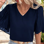 Damen Kurzarm Bluse mit plissierten Ärmeln und V-Ausschnitt R&B