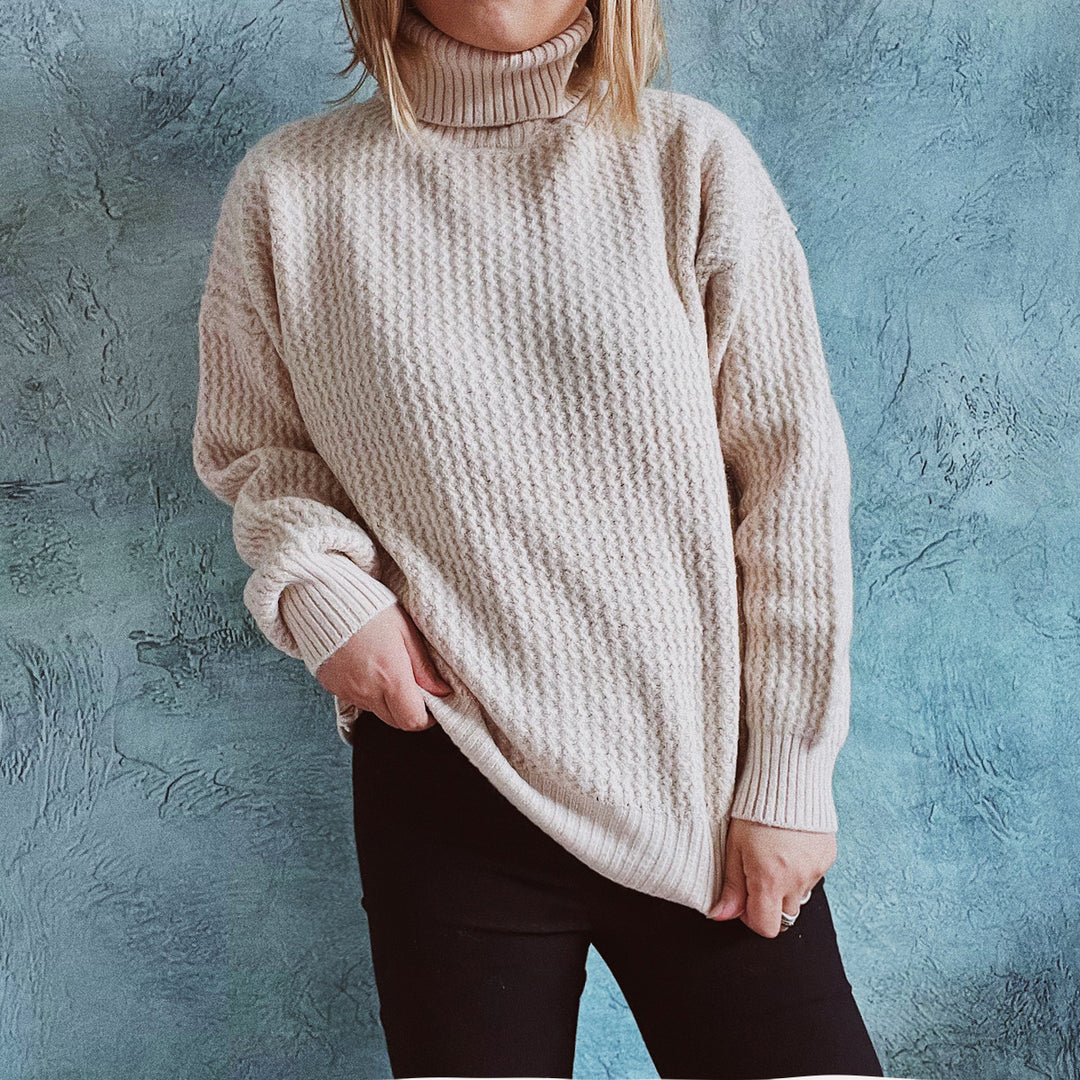 Damen Grobstrickpullover mit strukturiertem Muster und hohem Kragen R&B