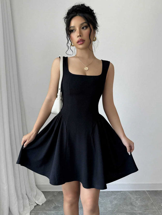 Damen A-Linien Kleid mit Quadrat-Ausschnitt und fließendem Rock R&B