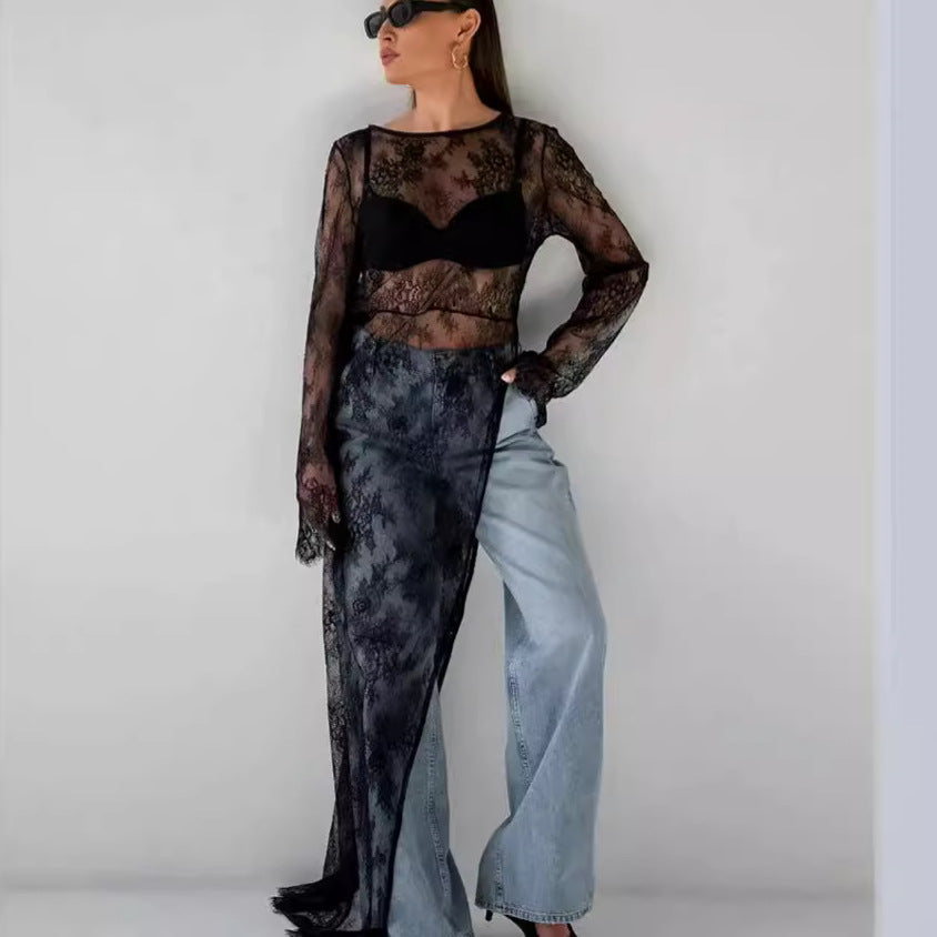 Damen transparente Spitzenbluse mit langen Ärmeln und lässigem Rückenausschnitt R&B