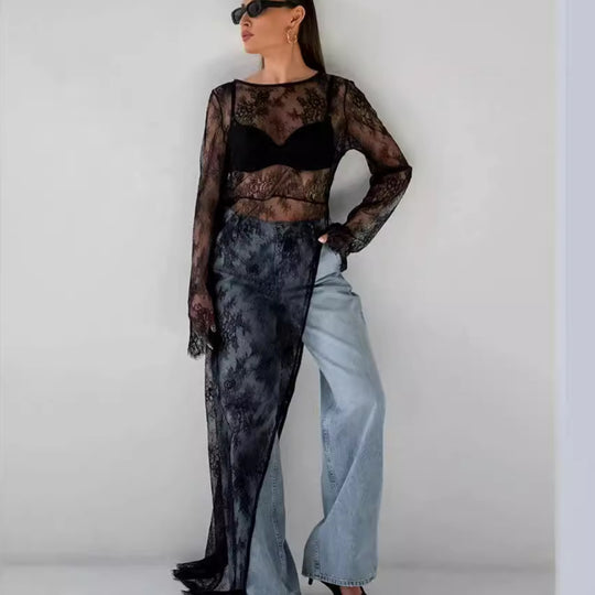 Damen transparente Spitzenbluse mit langen Ärmeln und lässigem Rückenausschnitt R&B