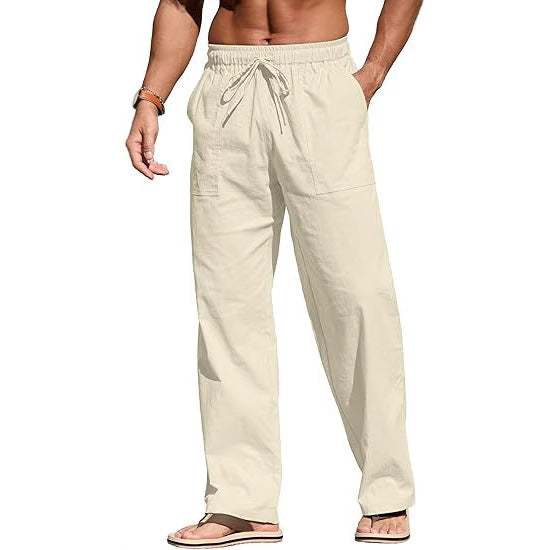 Herren nan leichte Leinenhose mit elastischem Bund, Kordelzug und aufgesetzten Taschen R&B