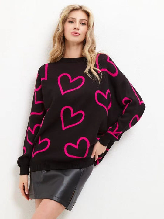 Damen lässiger Strickpullover mit Herzdesign und oversized Passform R&B