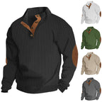 Herren nan strukturierter Ripp-Pullover mit kurzem Knopfkragen und Wildleder-Ellbogenpatches R&B