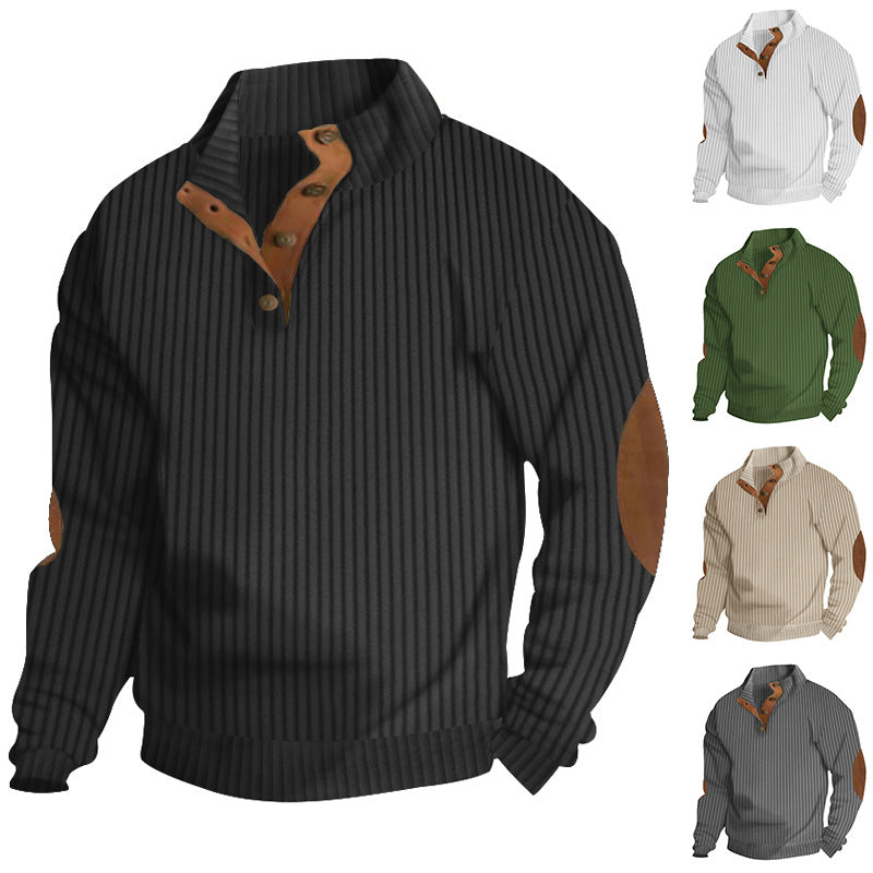 Herren nan strukturierter Ripp-Pullover mit kurzem Knopfkragen und Wildleder-Ellbogenpatches R&B