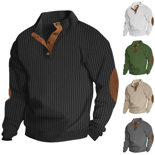 Herren nan strukturierter Ripp-Pullover mit kurzem Knopfkragen und Wildleder-Ellbogenpatches R&B