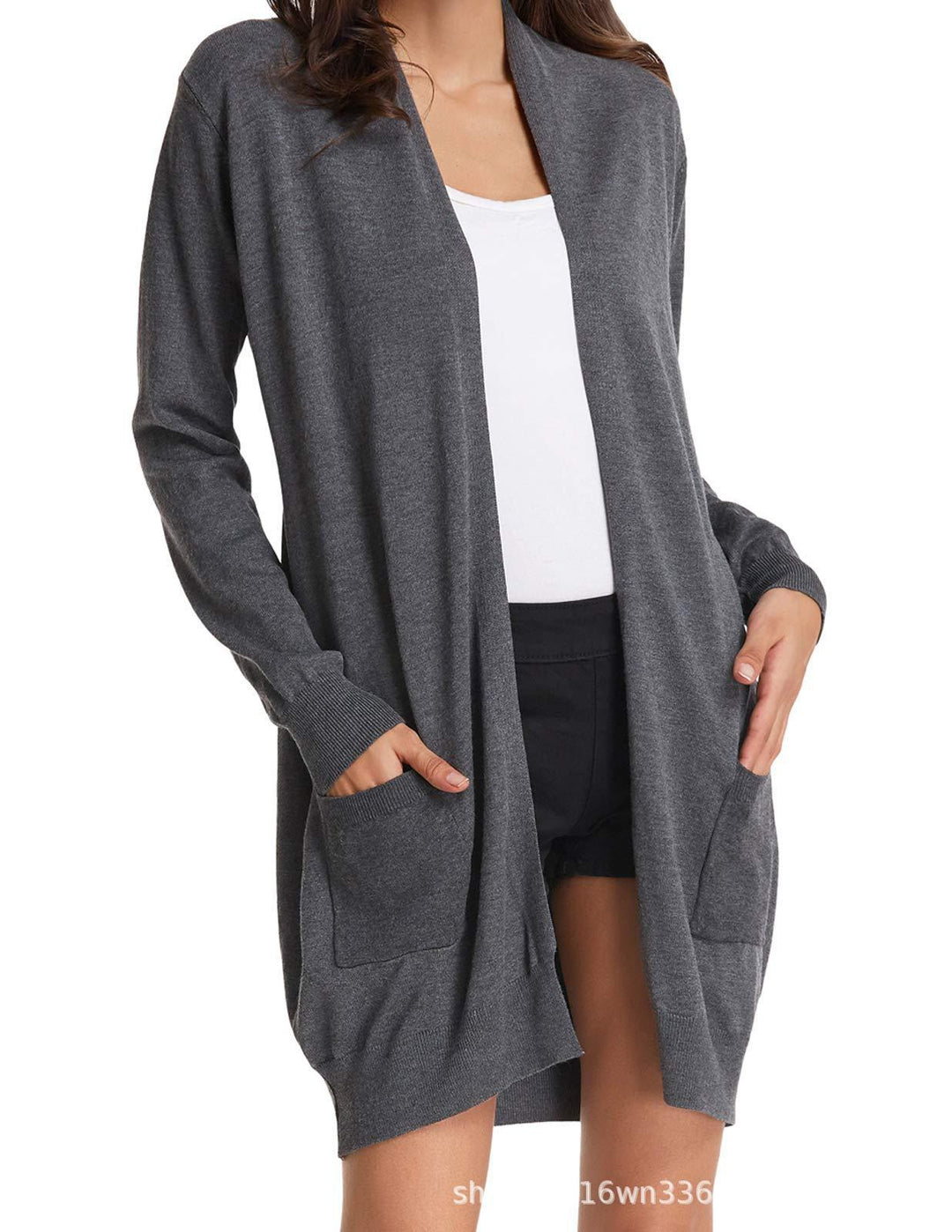 Damen Lange Strickjacke mit offenen Front und praktischen Taschen R&B