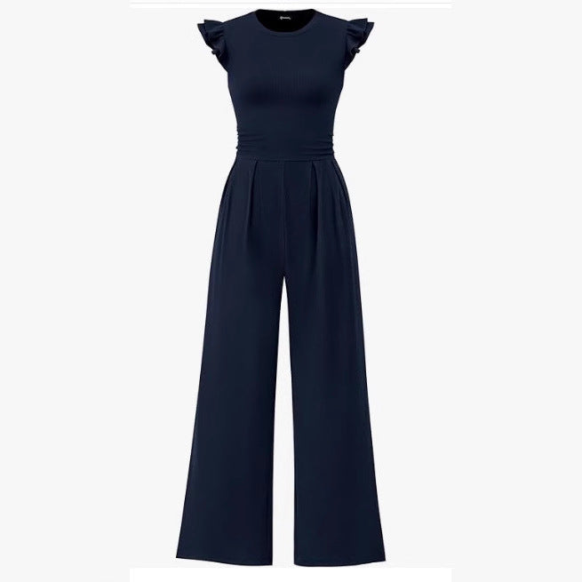 Damen eleganter Jumpsuit mit Puffärmeln und weitem Bein R&B