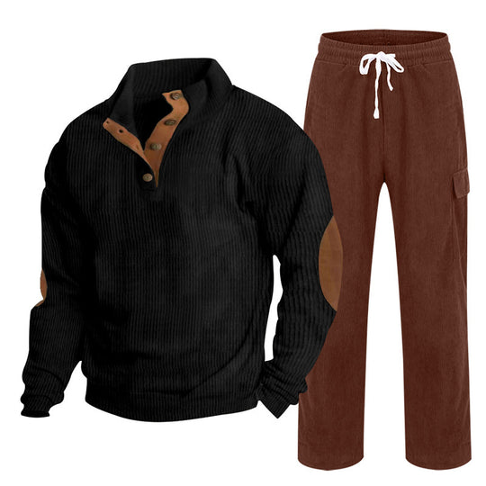 Herren nan Strick-Freizeitset mit Knopfleiste und Ellenbogenaufnähern sowie Cord-Cargohose R&B