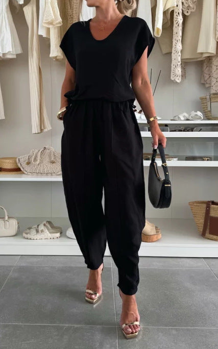 Damen lässiger Jumpsuit mit elastischem Bund und praktischen Taschen R&B
