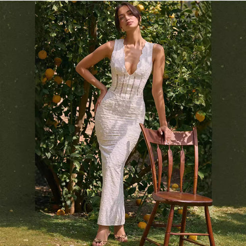 Damen Figurbetontes Spitzenkleid mit tiefem V-Ausschnitt und schimmernden Details R&B