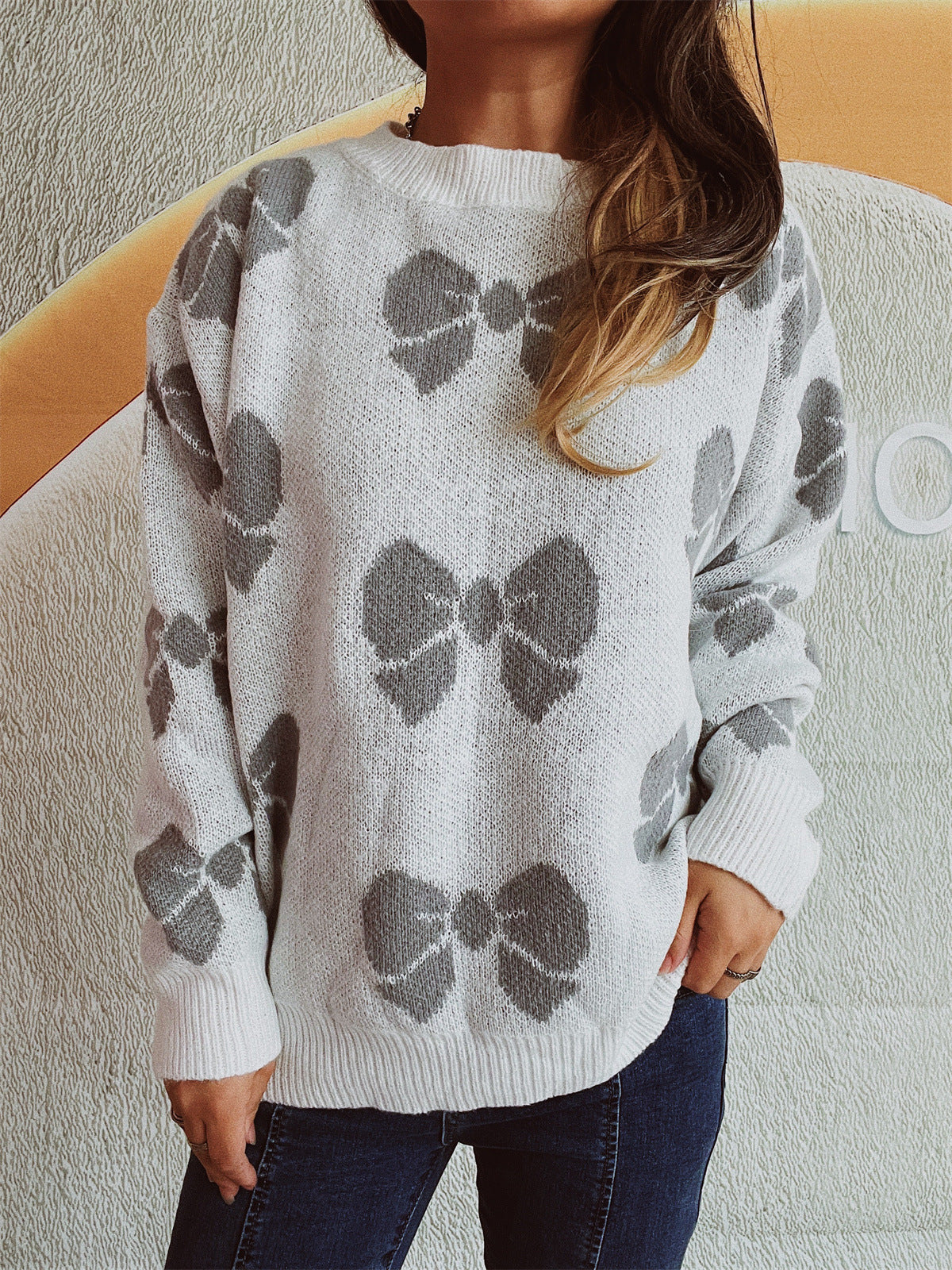 Damen lässiger Pullover mit verspieltem Schleifenmuster R&B