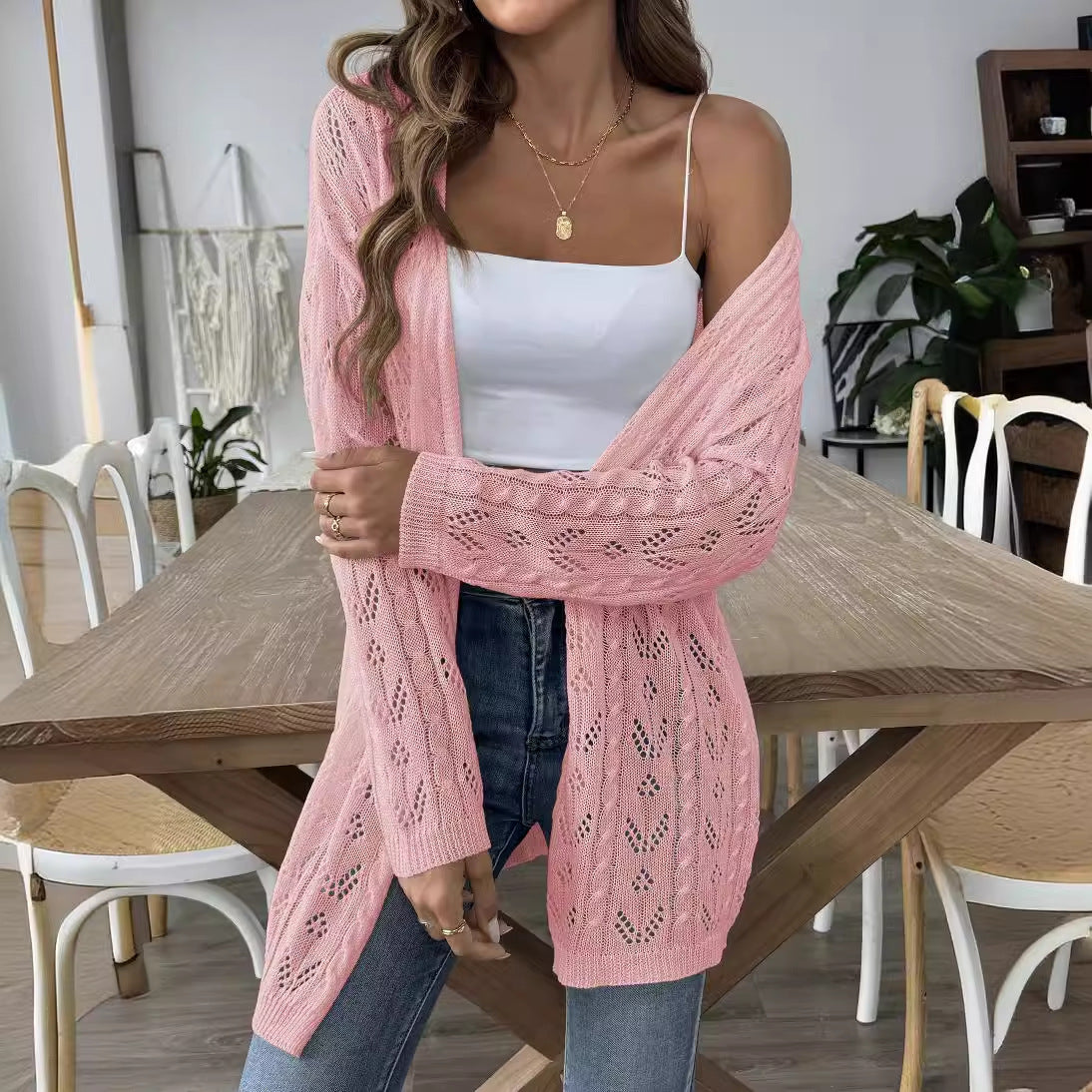 Damen luftiger Strickcardigan mit filigranem Lochmuster R&B