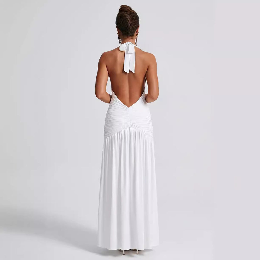 Damen Maxikleid mit tiefem V-Ausschnitt und Rüschen R&B
