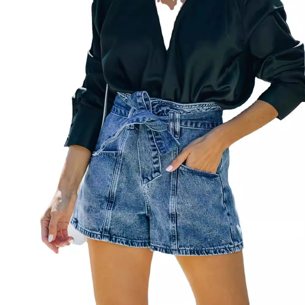 Damen Denim-Shorts mit hohem Bund und Taillengürtel R&B