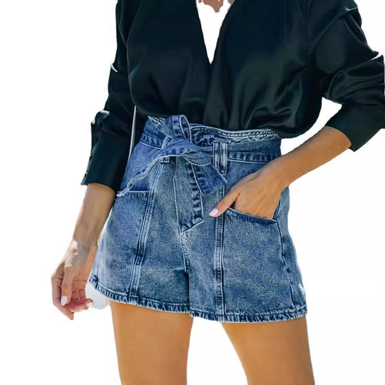 Damen Denim-Shorts mit hohem Bund und Taillengürtel R&B