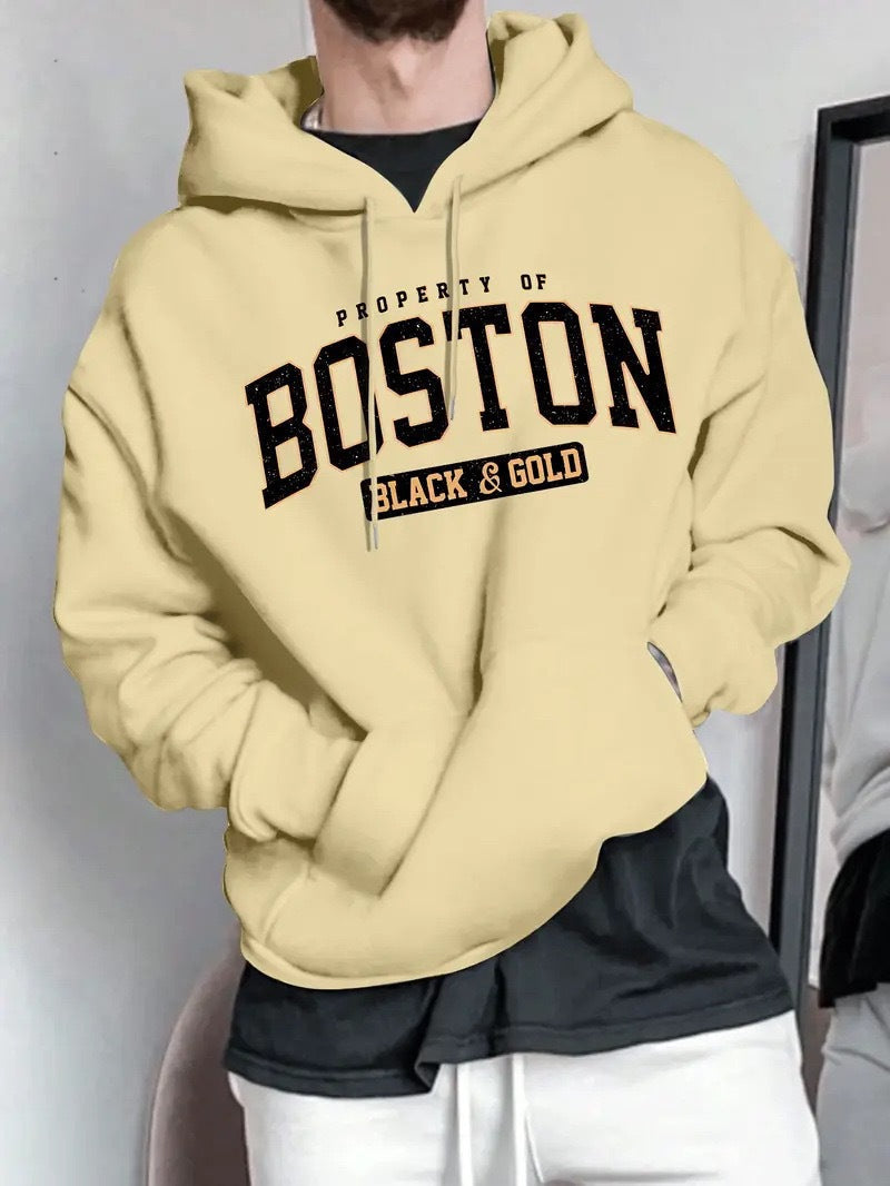 Herren Kapuzensweater mit auffälligem Boston-Print und weicher Innenseite
