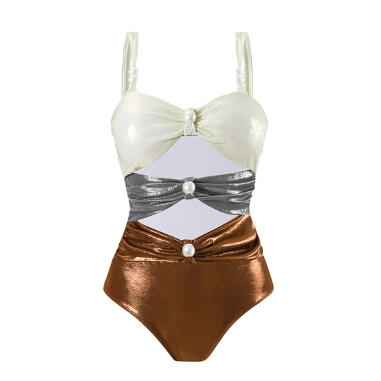 Damen Einteiler Badeanzug mit stilvollen Drapierungen und Perlendetails R&B