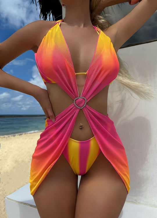 Damen Trendiges Zwei-in-Eins-Bikini-Set mit modischem Wickelrock R&B