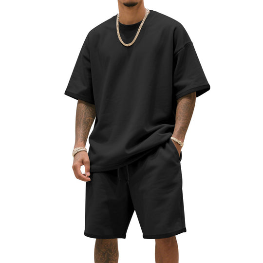 Herren nan entspannter Jersey-Set mit verlängertem Rundhals-T-Shirt und elastischen Kordelzug-Shorts R&B