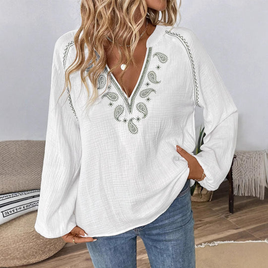Damen nan lässige Baumwoll-Gauze-Bluse mit besticktem V-Ausschnitt, Paisley-Stickerei, Raglannähten und weiten Ballonärmeln R&B