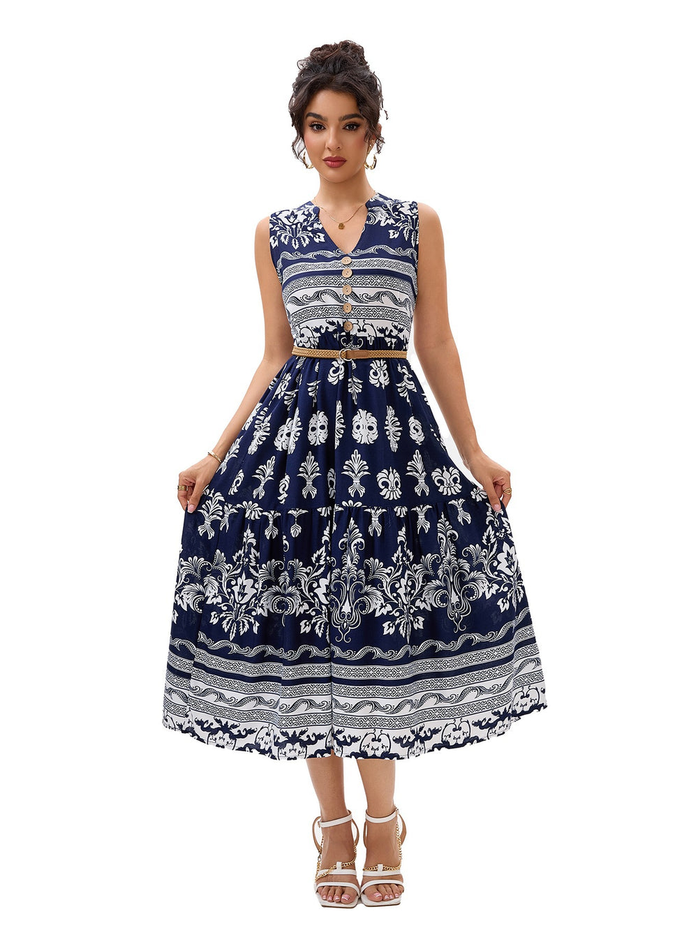 Damen Maxikleid mit dekorativem Knopfverschluss und floralem Muster R&B