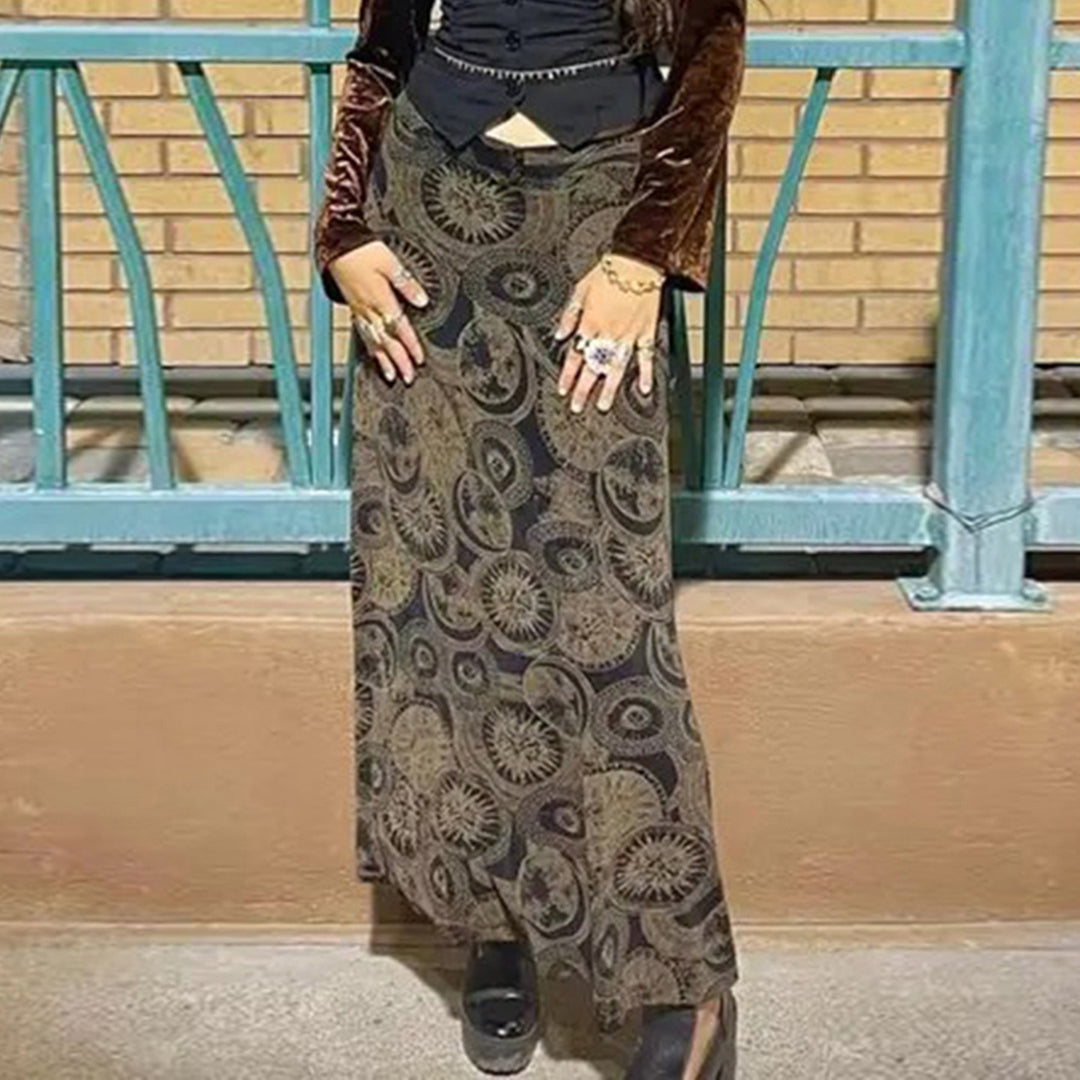 Damen Midi-Rock mit kunstvollem Druck und elastischem Bund R&B