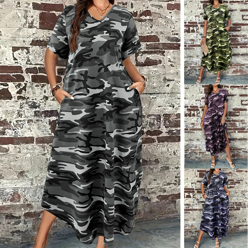 Damen Maxi-Kleid mit modernem Camouflage-Design und praktischen Taschen R&B