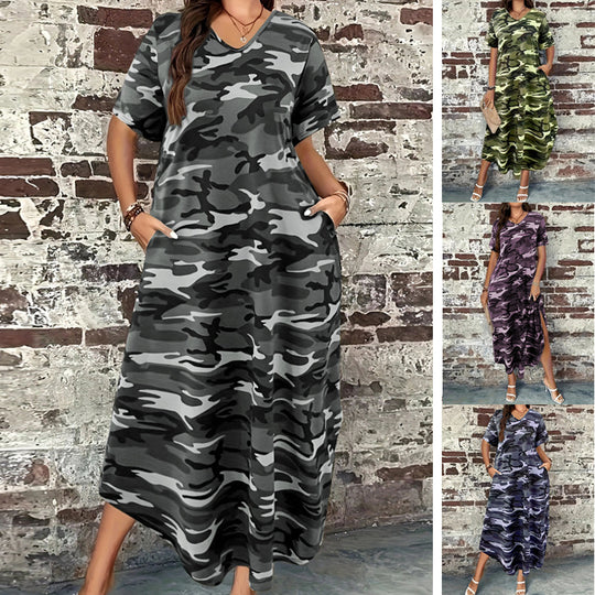 Damen Maxi-Kleid mit modernem Camouflage-Design und praktischen Taschen R&B